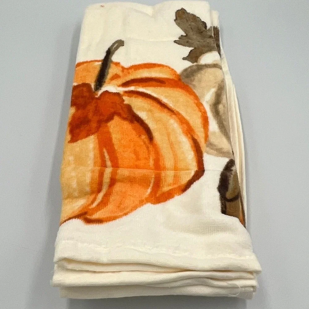 Haymarket Square Kitchen Towels Set of 2 OS Orange Cream New Pumpkin Fall Decor